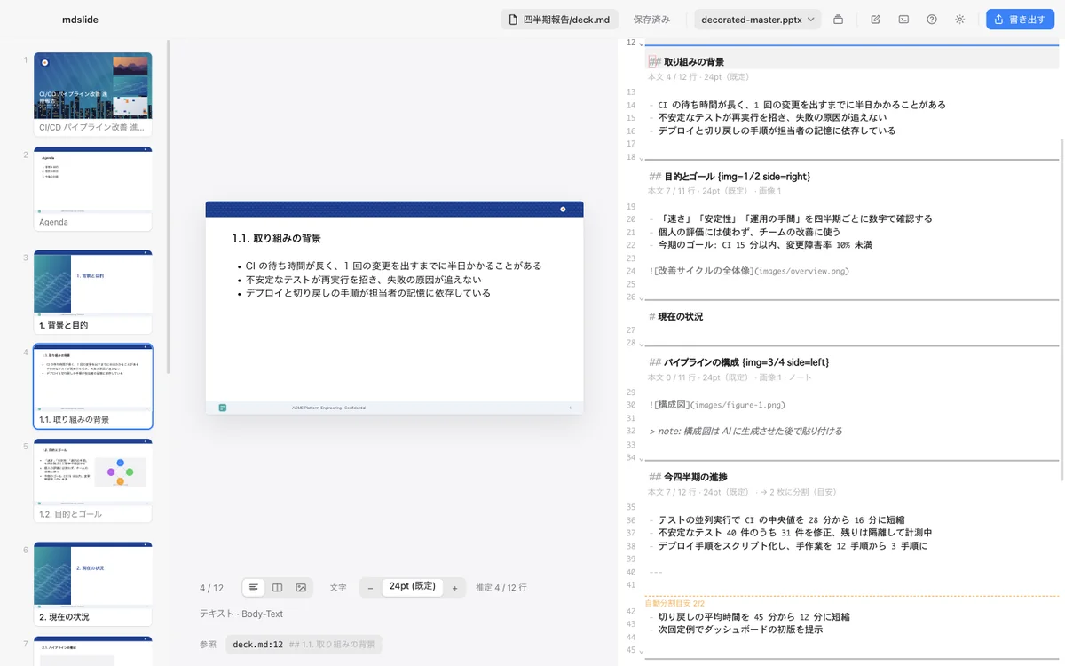 資料を開いた画面。左にサムネイル、中央にマスターの装飾つきのプレビュー、右に Markdown のエディタ