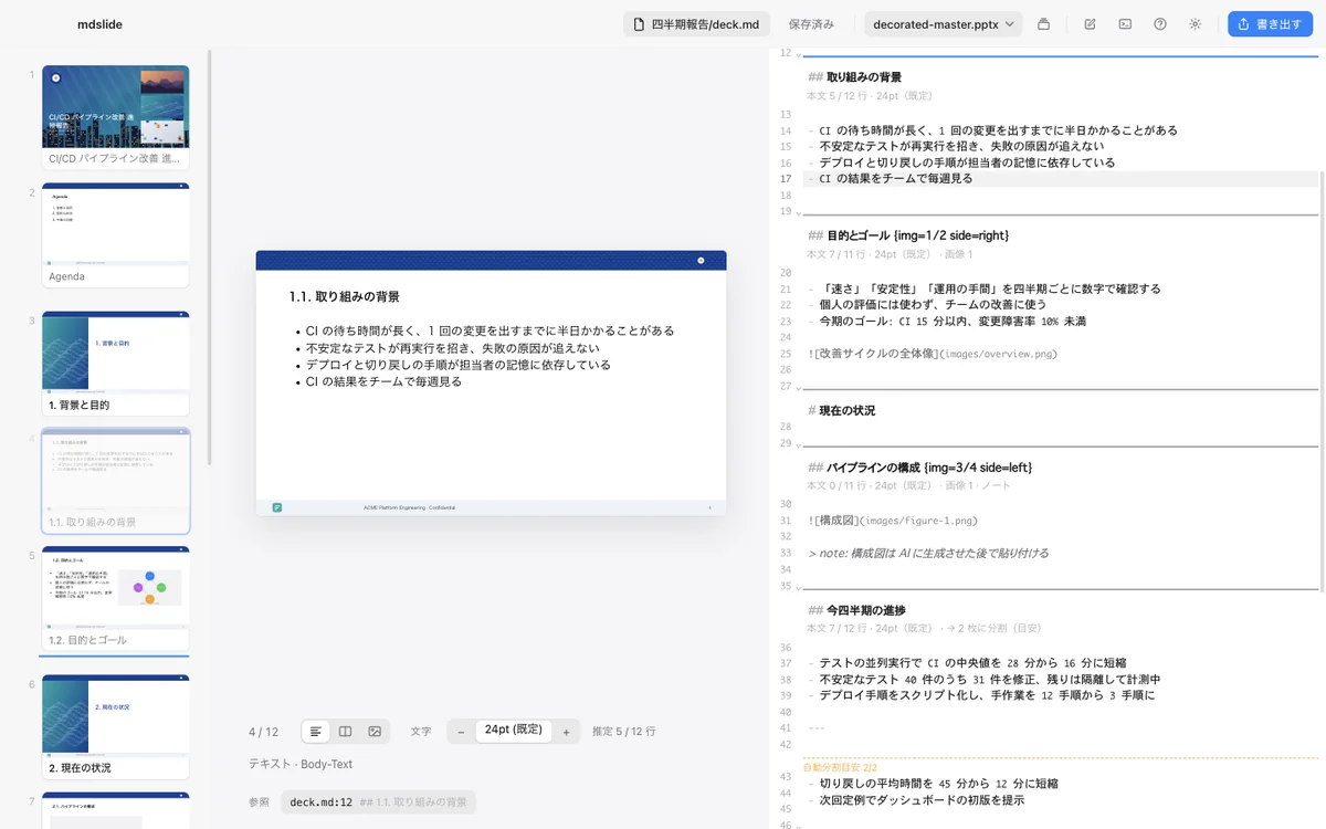 サムネイルをドラッグしている画面。動かすスライドが薄くなり、落とす位置に線が出ている